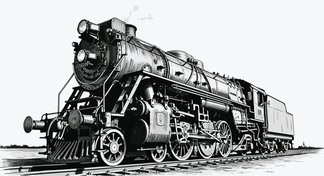 Classic steam locomotive side view, detailed mechanical line illustration.