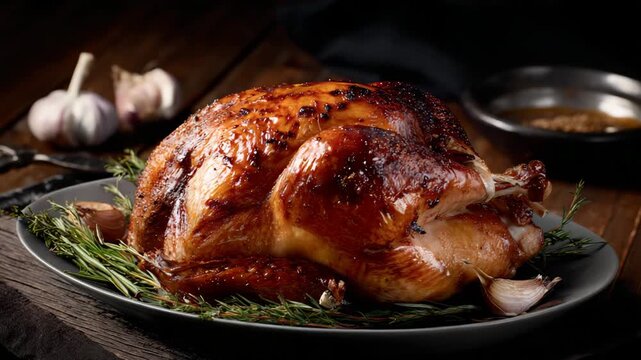 Succulent roasted turkey garnished with herbs and garlic on a rustic wooden table setting