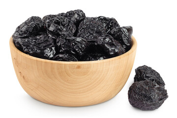 Prunes in wooden bowl isolated on white background, heap of dried plums