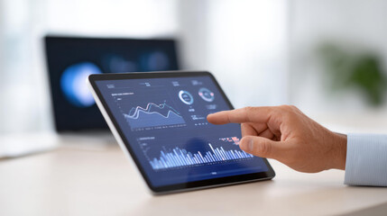 Focused businessman analyzing financial data on digital tablet. professional checking investment chart and graph information on screen using modern technology for market finance