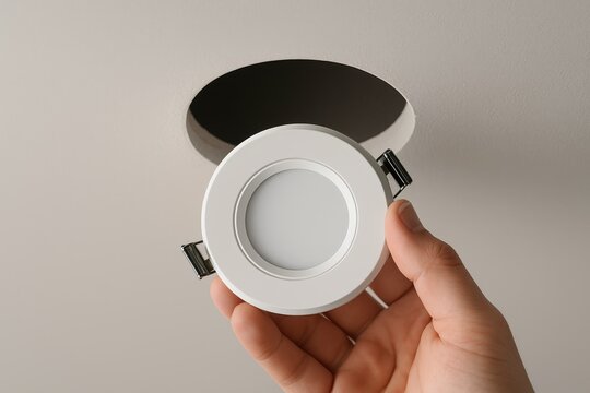 Installing a recessed LED downlight into a ceiling opening during modern home lighting upgrade