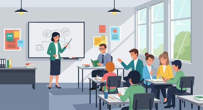 Classroom Scene with Teacher and Students Engaged in Learning Activities
