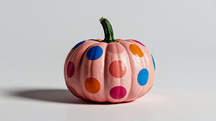 Pretty pastel pink decorative pumpkin with colorful polka dots, perfect for modern autumn and thanksgiving decoration.