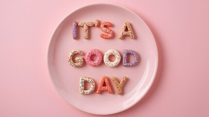 Creative pastel donut typography spelling it's a good day with sweet sprinkles on pink background