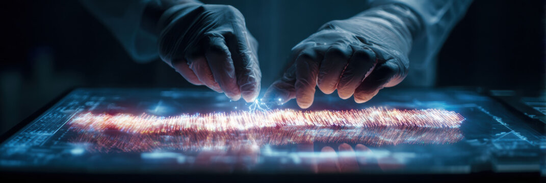 Focused scientist analyzing genetic sample on futuristic screen in dark laboratory. High tech biotechnology and science for medical breakthrough in medicine