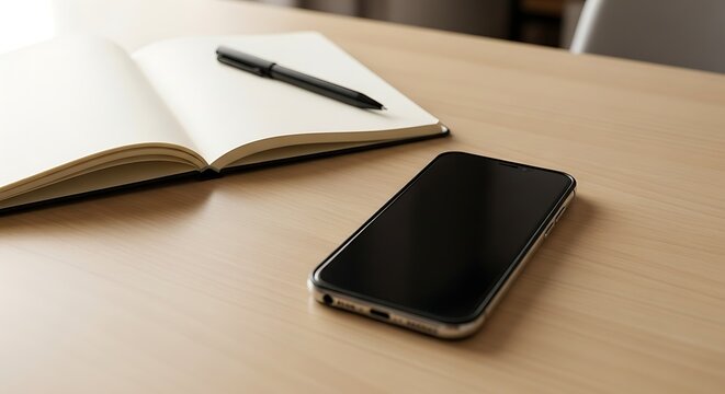 A black smartphone lies next to an open, blank notebook and a pen on a light wooden desk surface.