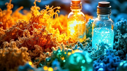 Close up of objects in colored jars