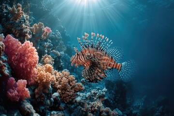 Striking fish with spiky fins swims near colorful coral reefs, illuminated by sunbeams