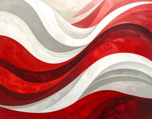 Abstract waves of red, white, and burgundy flowing across the surface
