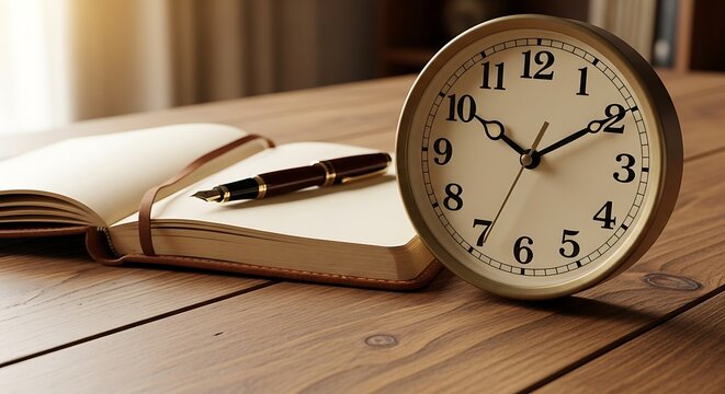 A classic analog clock stands next to an open notebook and a fountain pen on a wooden table.