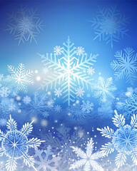 Winter holiday background with white snowflakes and frosty texture on pastel blue gradient.