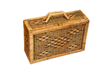 Handmade wicker picnic basket made from natural rattan, isolated on white background.