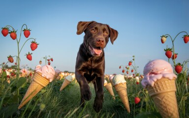 Chocolate Labrador puppy running through a strawberry and ice cream field on a sunny day