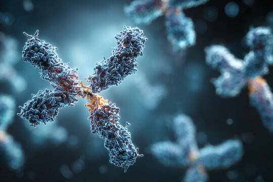 Detailed microscopic view of an X-shaped chromosome with a clear centromere against a blurred background of similar genetic structures