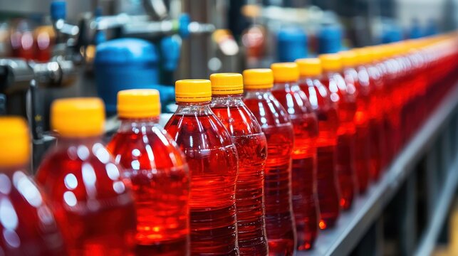 A row of red plastic bottles filled with a red liquid, possibly soda or juice, moving along a conveyor belt in a factory setting. - Powered by Adobe