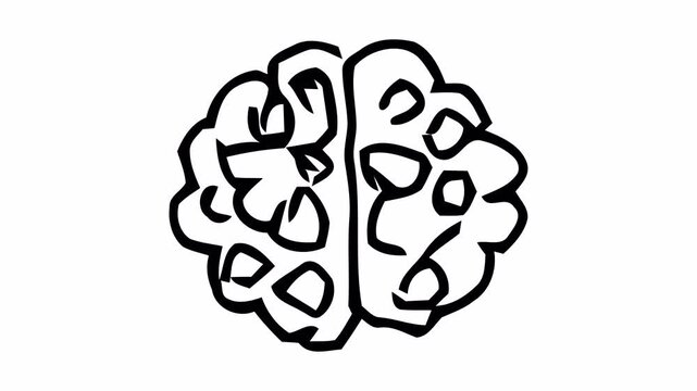 Hand-drawn doodle animation of a brain symbolizing AI thinking, black line sketch with alpha channel on transparent background.