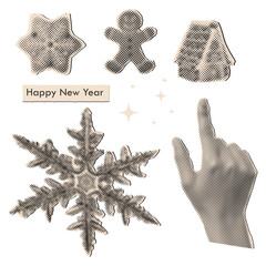 Collection of Happy New year cut out holiday elements trendy decor with halftone style,for a greeting card collage 