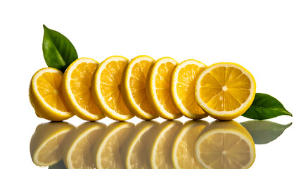 Perfect row of fresh, vibrant yellow lemon slices with green leaves and reflection, isolated on white.