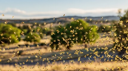 Obraz premium Golden seeds floating in the air, backlit by sunlight, in a vast rural landscape with trees and hills under a clear sky, wide perspective, copy space.