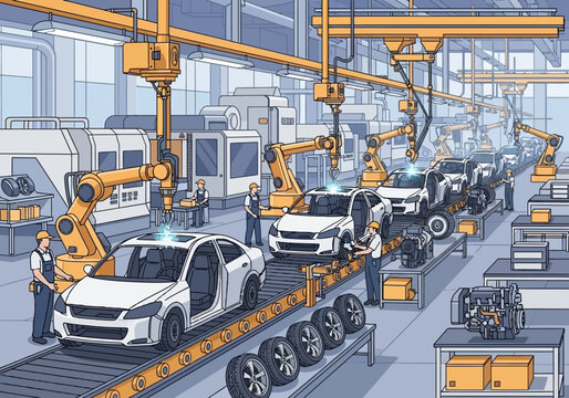 Automotive Assembly Line with Robotic Arms and White Cars