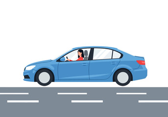 Obraz premium Blue Sedan Car with Woman Driver on Road