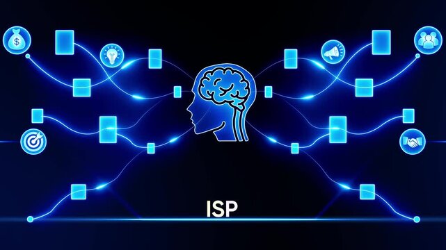 Digital Brain Network with ISP Text and Glowing Connections head profile