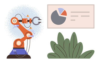 Robotic arm with cables and sensors, pie chart and text on display, green plants. Ideal for engineering, automation, AI, technology, innovation sustainable tech digital transformation. Simple flat
