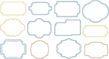 Set of twelve decorative label and frame designs, colorful borders in blue yellow orange, ornate shapes for graphic design scrapbooking