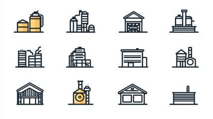 A set of industrial icons with a focus on factories and warehouses.