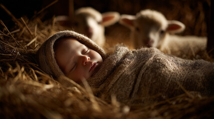 Newborn jesus in manger peaceful holy night scene with sleeping baby and sheep in darkness