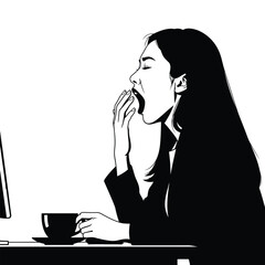 Tired businesswoman yawning at desk with coffee mug in monochrome