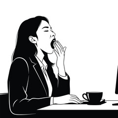 Tired young woman yawning at desk, feeling exhausted by work.