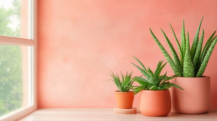 Aloe vera home arrangement with terracotta planters and warm wall texture, highlighting wellness simplicity