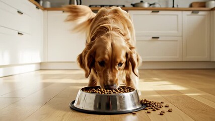 A happy dog enthusiastically enjoys its meal from a bowl on the floor, capturing the carefree concept of delighting in everyday pleasures and showcasing the importance of self care for.
