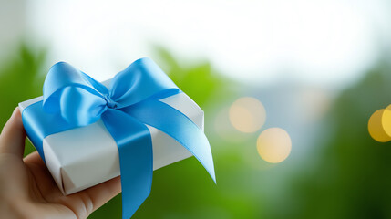 Naklejka premium A beautifully wrapped gift box with a blue ribbon, symbolizing celebration and joy, set against a soft, blurred background.