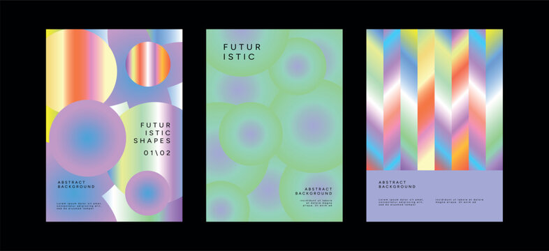 Futuristic abstract posters with neon gradients, holographic textures, soft light effects and minimal typography. Contemporary layouts for digital exhibitions, creative events, tech fairs and branding