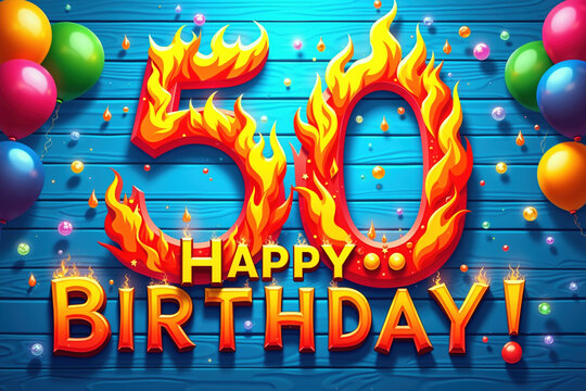 A vibrant 50th birthday illustration with 50 in large, flame-embossed numbers and HAPPY BIRTHDAY! in bold, fiery letters on a blue wooden background with colorful balloons.
