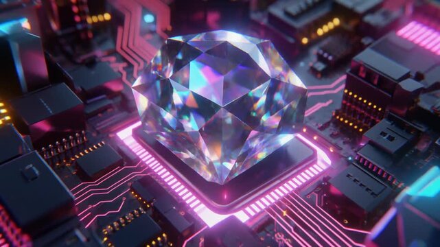 Glowing AI processor chip on motherboard, neon lights, cyberpunk style, smooth camera rotation, high tech concept, ultra detailed 4K animation.