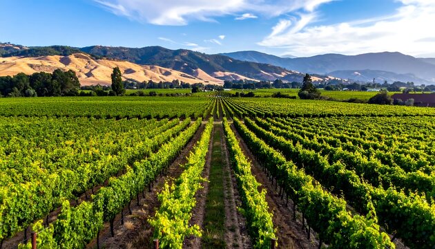 Expansive vineyard landscape under a vibrant blue sky.  Rolling hills and distant mountains form a scenic backdrop.  Rows of green grapevines extend into the distance