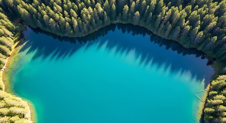 Aerial view of a stunning turquoise lake surrounded by a dense green pine forest with tree shadows on the water.