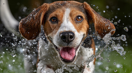 Beagle dog running in the garden and splashing with water.