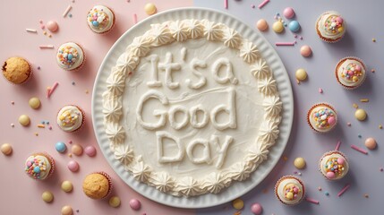 Beautiful creamy cake with it's a good day message and colorful cupcakes on pastel background