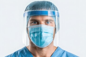  healthcare worker wearing face shield and medical mask on white background
