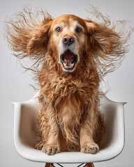 Cute golden retriever dog with flying hair. Studio shot.