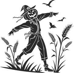 Scarecrow with pumpkin head in wheat field with flying bats illustration