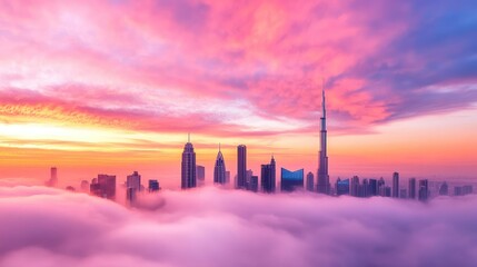 Fototapeta premium City skyline seen through fog as sunrise colors spread across sky, dynamic travel-inspired scene