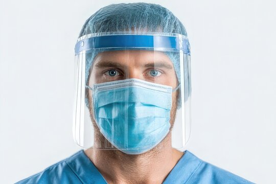  healthcare worker wearing face shield and medical mask on white background