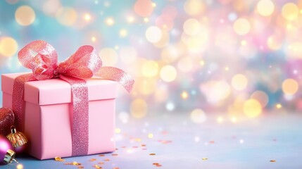Fototapeta premium Close-up of festive pink box with ribbon and sparkles, glowing bokeh background perfect for party visuals