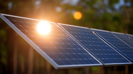 A close-up view of solar panels absorbing sunlight, showcasing renewable energy technology in a natural setting.