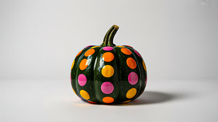 Dark emerald green decorative mini pumpkin with vibrant hot pink and orange polka dots for modern autumn art.